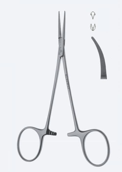 Зажими гемостатичні Micro Halsted-Mosquito, делікатні, зубчаті щелепи, зубці 2 х 1, з кремальєрою, довжина 125 мм. Бренд - Asanus Medizintechnik Gmb, Німеччина